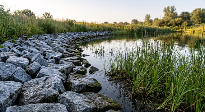 Retention pond riprap edge detail, stone armoring erosion control, sustainable stormwater pond, eco retention basin vegetation, climate adaptation water storage