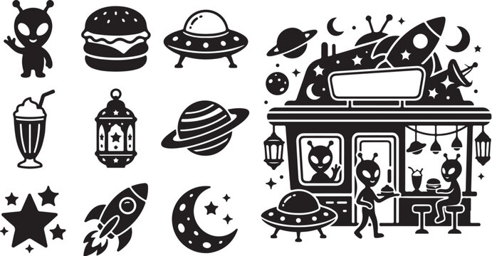 Alien Cafe Space Food Vector Icon Set Illustration