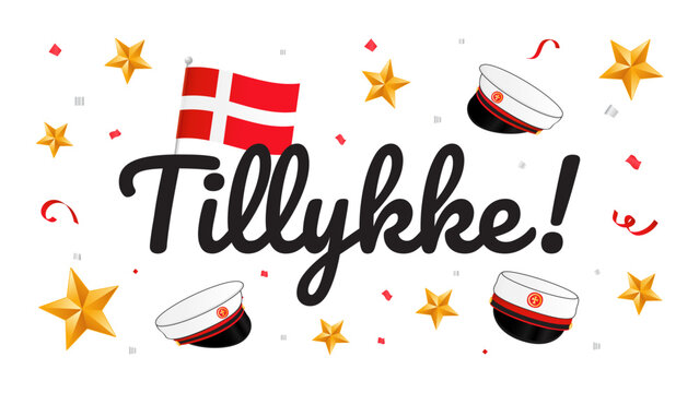 Tillykke! greeting card vector illustration. Graduation cap with flag of Denmark on confetti background. Danish Translation: " Congratulations! "