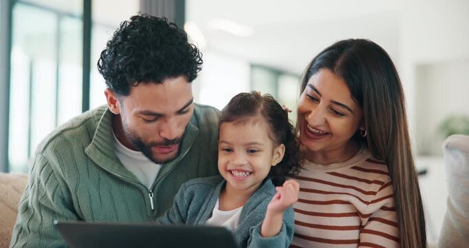 Happy family, laptop and interaction with child in home for early childhood development on sofa. Mom, dad and toddler with computer for bonding, subscription or online entertainment together in house