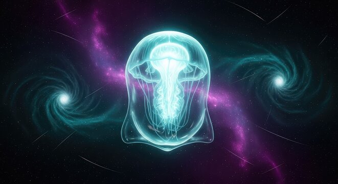 A luminous biological entity pulses inside a transparent sac floating amidst nebula clouds and cosmic dust in a deep space environment, biological, light, universe