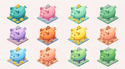 Colorful cartoon piggy bank illustrations. © agussssss