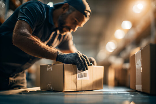 Focused warehouse worker leaning over conveyor, gloved hands inspecting sealed cardboard box with barcode, navy polo and backward cap in warm bokeh light