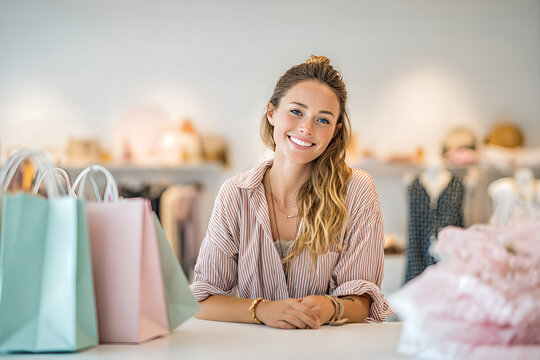 Smiling boutique sales associate in striped pink shirt with half - up wavy hair and freckles leaning on checkout counter beside pastel shopping bags