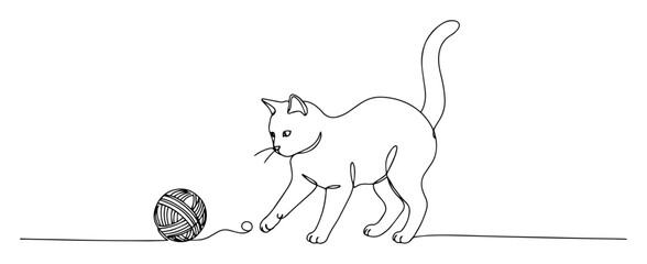 cat playing with yarn thin vector line © Wieslaw