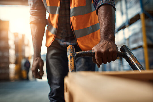 Male warehouse worker pushing a pallet jack, gripping a rusted handle with forearms in rolled plaid sleeves, wearing orange reflective vest in sunlit warehouse