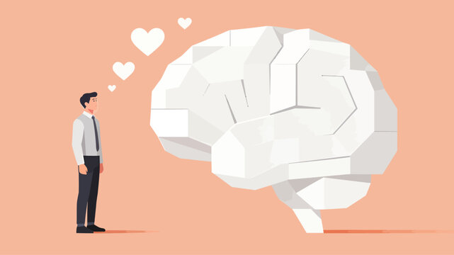 Man in front of a large, polyhedral brain, with hearts floating above, symbolizing love, ideas, and cognitive processes