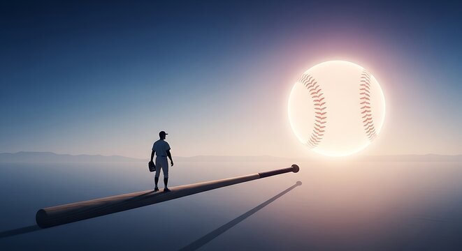 Baseball player poised on a giant bat facing a glowing baseball at sunset