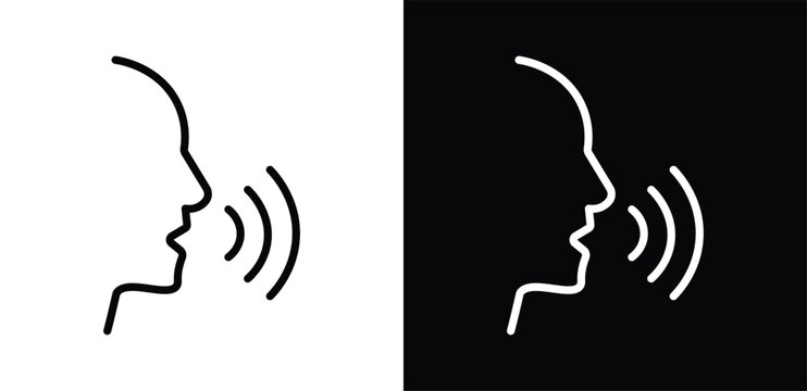 speaking face line drawing with sound waves black and white illustration