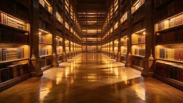 Long library corridor with bookshelves