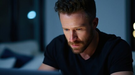 Obraz premium Man working on laptop in dimly lit room