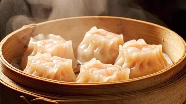 Hand Opening Bamboo Steamer to Reveal Steaming Hot Shrimp Dim Sum Dumplings