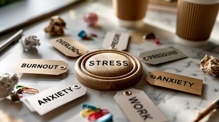Fototapeta premium Stress management concept with wooden stress button surrounded by tags labeled burnout, anxiety, work, pressure, and overload on a marble desk with office supplies