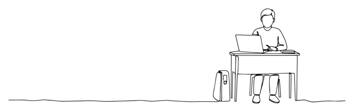 student studying with laptop at desk in minimal line art