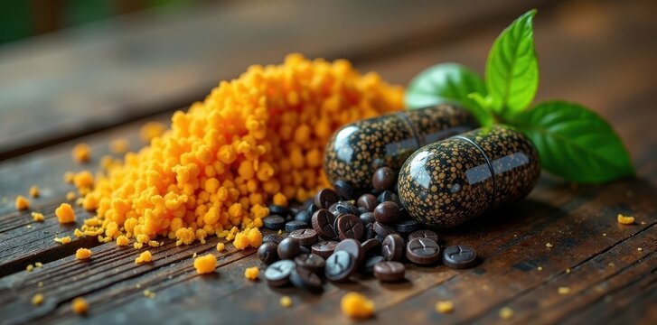 A modern pill and a traditional herbal remedy side by side on a wooden table , health, medication