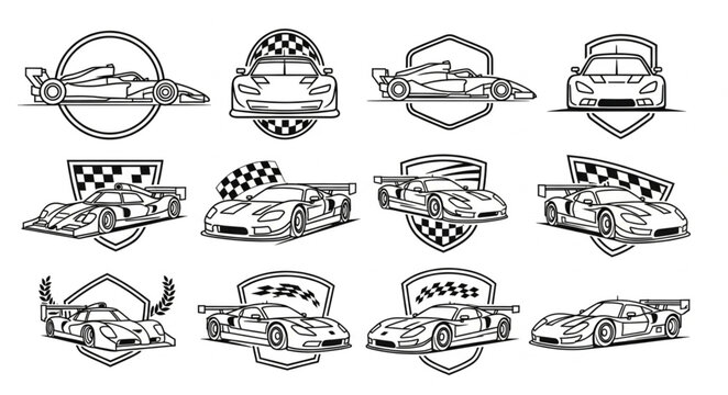 Set of racing car emblems and logos in a line art style.
