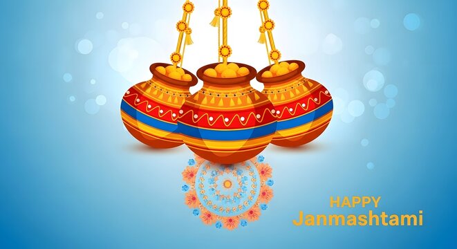 Vibrant hindu janmashtami celebration with decorative pots and mandala design