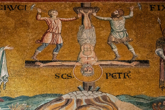 Byzantine mosaic of the Crucifixion of Saint Peter, Santa Maria la Nuova Cathedral, Arab-Norman style architecture, 12th century, Monreale, Sicily, Italy
