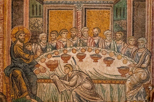Jesus' Last Supper with the apostles, Santa Maria la Nuova Cathedral, Arab-Norman style architecture, 12th century, Monreale, Sicily, Italy, Europe
