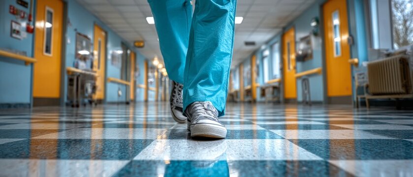 A pair of legs in blue trousers and trainers stride down the hospital corridor &mdash; a backdrop to the medical rush, the staff&rsquo;s resilience and the unseen rhythm of saving lives.