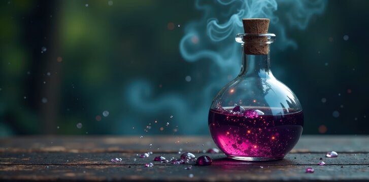 Ancient-looking potion bottle with swirling mist and dark liquids, mist, darkness