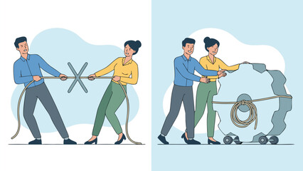 Naklejka premium Conflict Resolution and Teamwork Concept: Two Coworkers Pulling Rope in Opposite Directions then Cooperating to Push a Large Gear Together for Business Success, Synergy, and Efficient Collaboration.