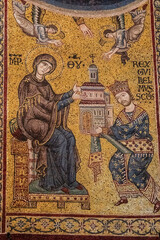 Obraz premium King William II of Sicily offering the church of Monreale to the Virgin Mary, Santa Maria la Nuova Cathedral, Arab-Norman style architecture, 12th century, Monreale, Sicily, Italy