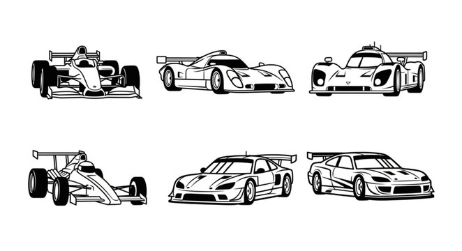 Collection of Six Sports Car Illustrations in Black and White.