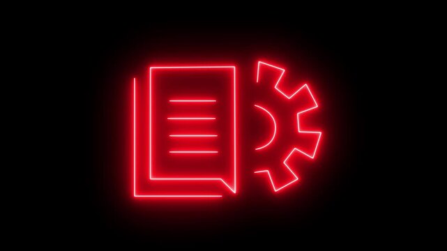 Neon line Document settings with gears icon isolated on black background. Software update, transfer protocol, teamwork tool management. 4k animation 