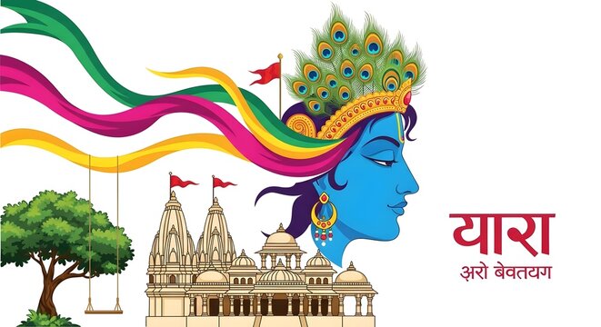 Krishna janmashtami illustration depicting lord krishna with peacock feathers temples and festive hindu elements