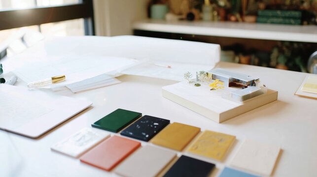 Color swatches and design samples arranged on a desk in a bright workspace