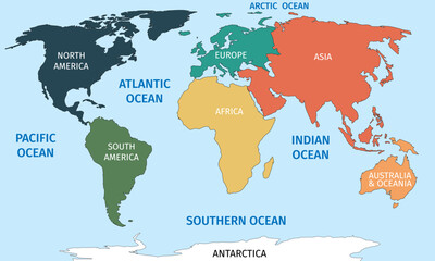 Colorful World Map of Continents and Oceans with Names. Flat vector illustration for educational infographics, travel concepts, and global data visualization © Milatz