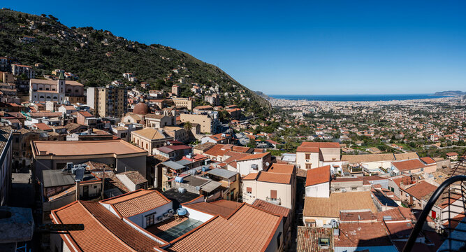 view of the Conca d'Oro valley and Palermo, Monreale, Sicily, Italy, Europe