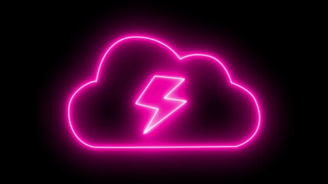 Neon pink glowing cloud and lightning bolt animation on black background