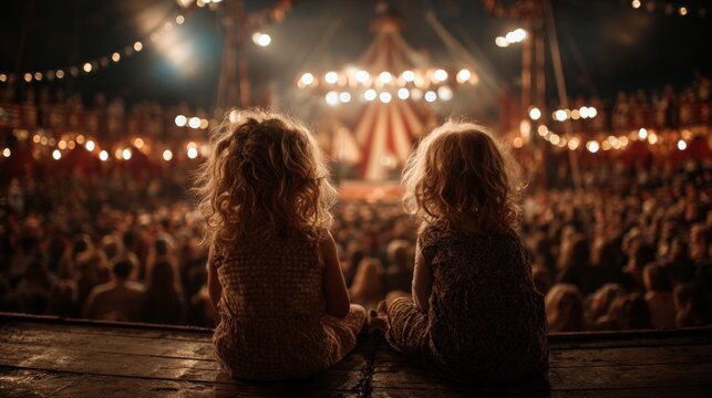 Two girls gaze at the illuminated circus from the darkness, creating a nostalgic backdrop for tales of childhood wonder and family memories.