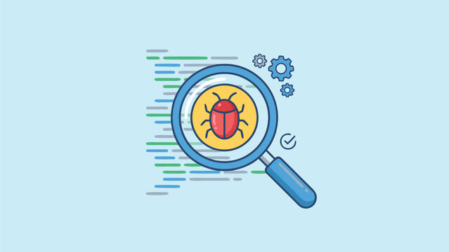 Flat Vector Illustration of a Magnifying Glass Focusing on a Red Bug in Computer Code Lines, Representing Software Debugging, Quality Assurance, QA Testing, and Programming Error Detection.