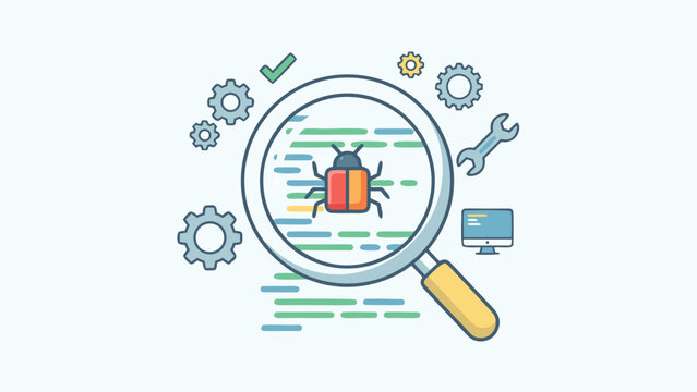 Flat Vector Illustration of a Magnifying Glass Focusing on a Bug in Computer Code, Representing Software Debugging, Quality Assurance Testing, Programming Error Detection, and System Maintenance