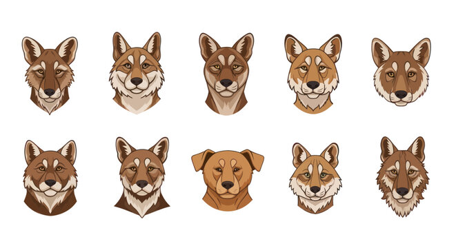 Variety of Canine Faces: Dingoes and Dog Breeds, Stylized Illustration