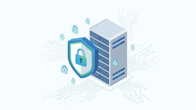 Isometric vector illustration of a secure server rack protected by a blue shield with a padlock icon, representing data privacy, cybersecurity, network protection, and cloud computing safety.