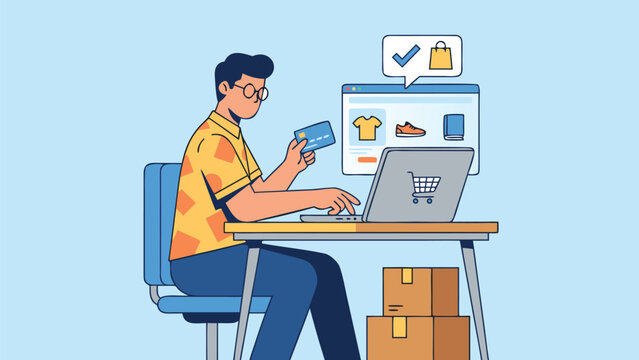 Flat vector illustration of a young man sitting at a desk using a laptop and holding a credit card for online shopping, e-commerce transaction concept with digital storefront and delivery boxes.