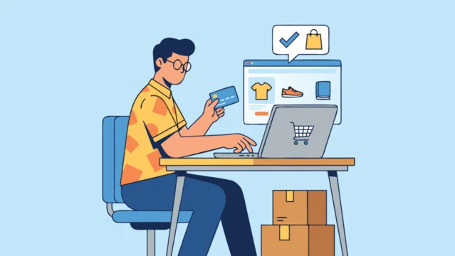 Flat vector illustration of a young man sitting at a desk using a laptop and holding a credit card for online shopping, e-commerce transaction concept with digital storefront and delivery boxes.