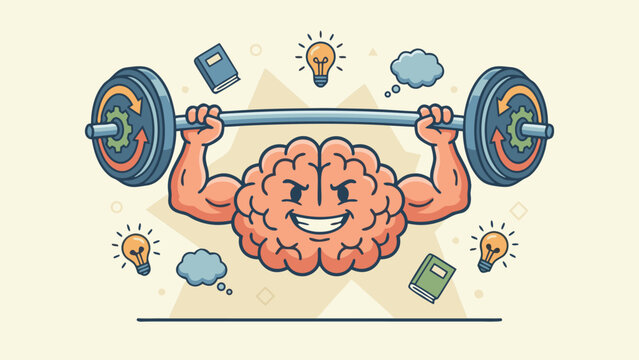 Stylized Brain Character with Muscular Arms Lifting a Heavy Barbell Representing Mental Strength, Cognitive Training, Intelligence, and Mind Power with Lightbulbs, Books, and Gears Vector Graphic