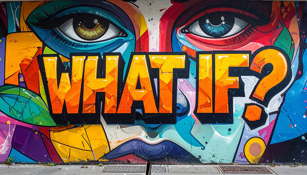 What if? - Ein farbenfrohes Graffiti-Kunstwerk auf einer urbanen Wand mit leuchtenden Farben und abstrakten Muster.