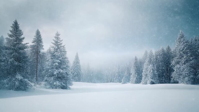 Seamless Loop of Tranquil Winter Forest Landscape with Gentle Snowfall, Serene Full HD Motion Background