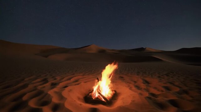 Night Campfire Burning Brightly in Vast Desert Landscape Under Starry Sky, Cinematic Full HD Tranquil Motion Background Video