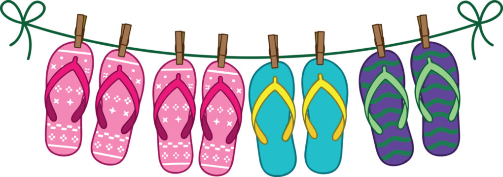 Cute colorful flip flop collection hanging on clothesline with playful tropical summer beach footwear illustration