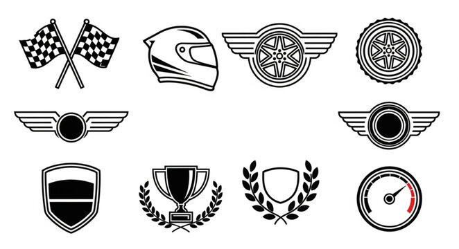 Collection of racing and sports emblems and icons.