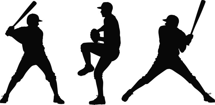 Baseball player silhouettes vector illustration, batting and pitching poses isolated for sports activity design and team concept