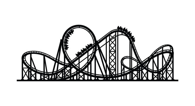 Silhouette of a complex roller coaster with multiple loops and riders on a white background