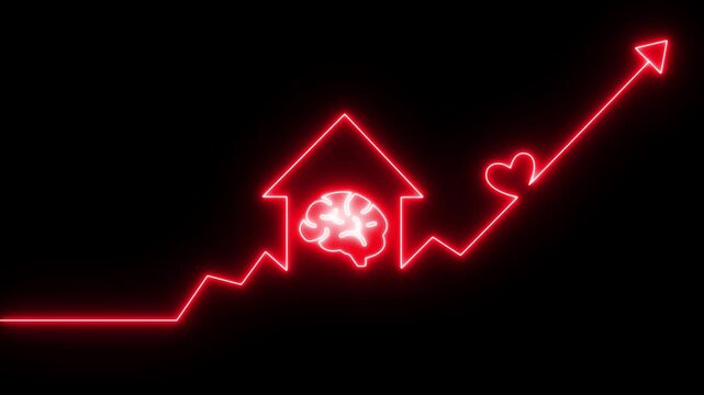 Neon brain in house with rising growth arrow and heart symbol
